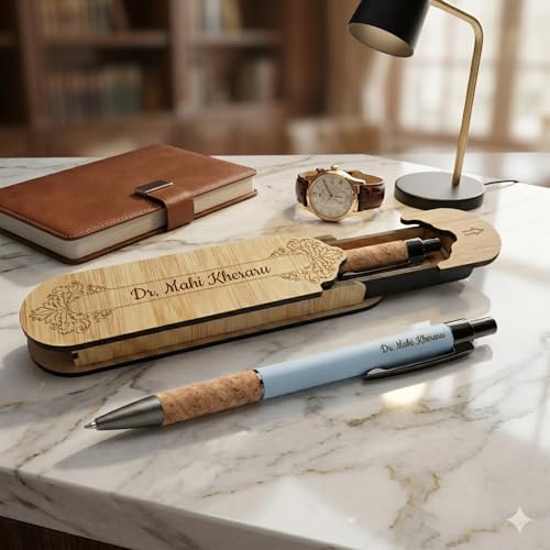 Image of Kajri Gifts Personalized Pen with Name Engraved Wooden Gift Box Best for Gifting, Corporate Gift, Doctor, Advocate, Boss, Employee, Teacher (Cork White)