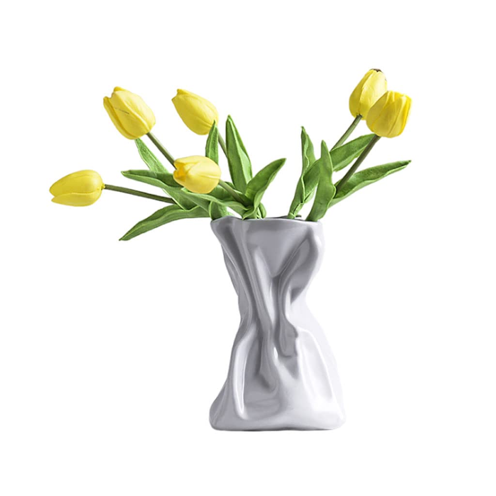 DFGHNBVC Faux Flowers Faux Flowers Artificial Tulips With Ceramic Vase,Yellow Tulips Real Touch Flower Arrangement,Wedding Centerpiece Decoration For Any Occasion,A