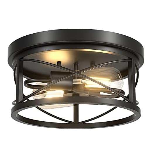 Feanron Flush Mount Ceiling Light Fixtures, Industrial 2-Light Black Ceiling Light, Farmhouse Close to Ceiling Light with Metal Cage Ceiling Lamp for Kitchen Dining Room Porch Hallway