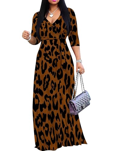 Image of Women Plus Size Long Sleeve V Neck Maxi Dress with Belt | Soft fabric relaxed fit three quarter sleeve v neck with pockets for party and daily wear