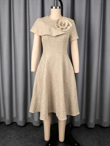 Image of AOMEI Women's Irregular Neck with Flower Short Puff Sleeve High Waist A-Line Jacquard Dress