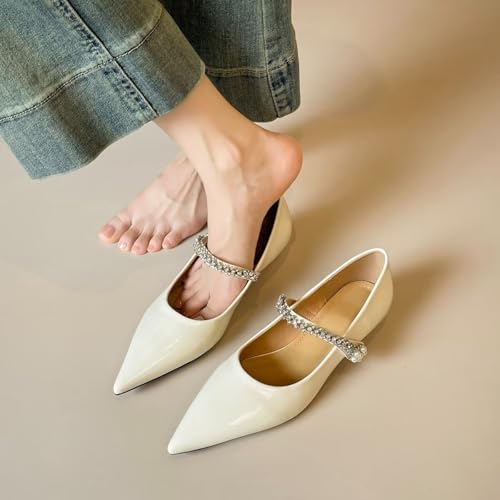 ChaiRong Zhou Women Pointed Toe Mary Jane Shoes Hook and Loop Rhinestone Strap Patent Leather Flats Casual Ballet Dress Shoes3