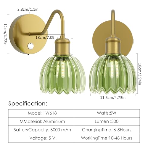 Image of 2 Pack Battery Powered Wall Sconce with Green Tulip Glass Lampshade, Rechargeable Dimmable LED Wall Sconce for Living Room, Hallway, Bedroom, Dining Room