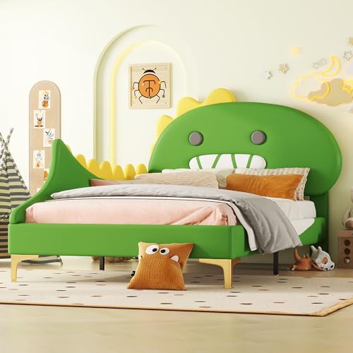 YCYDHDM Polsterbett 90 x 200 cm mit Cartoon Dinosaurier Kopfteil, Kinderbett Einzelbett mit Lattenrost, Bettgestell aus Massivholz, für Kinderzimmer, PU-Leder, Ohne Matratze, Grün