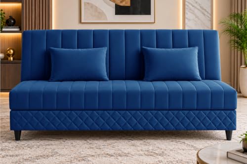 Image of Rosebell Modern 3-Seater Sofa Cum Bed Foldable Velevt Fabric Sofa, Seating, Stylish Design for Living Room, Guest Room & Office-Blue-Color