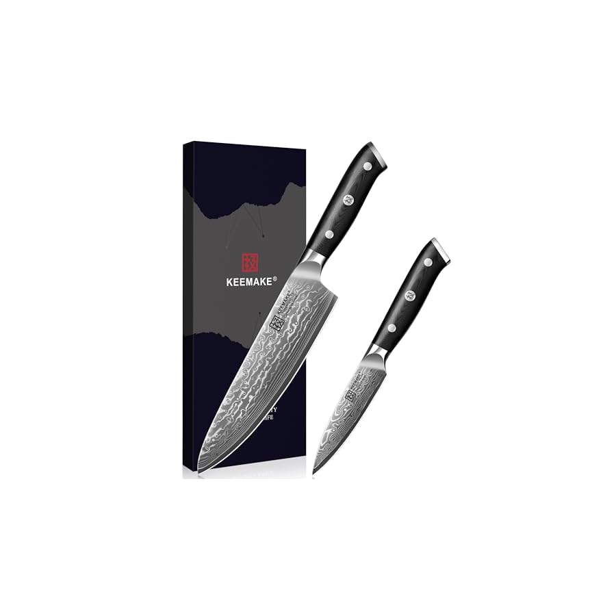 KEEMAKE-Damascus-Kitchen-Knife-Set-2-PCS-Ultra-Sharp-67-Layer-Damascus-Steel-Chef-Knife-and-Paring-Knife-Knives-Set-for-Kitchen-with-G10-Non-slip-Handle-Cooking-Knife-for-Meat-Vegetable-Fruit KEEMAKE Damascus Kitchen Knife Set 2 PCS, Ultra Sharp 67 Layer Damascus Steel Chef Knife and Paring Knife, Knives Set for Kitchen with G10 Non-slip Handle, Cooking Knife for Meat Vegetable Fruit