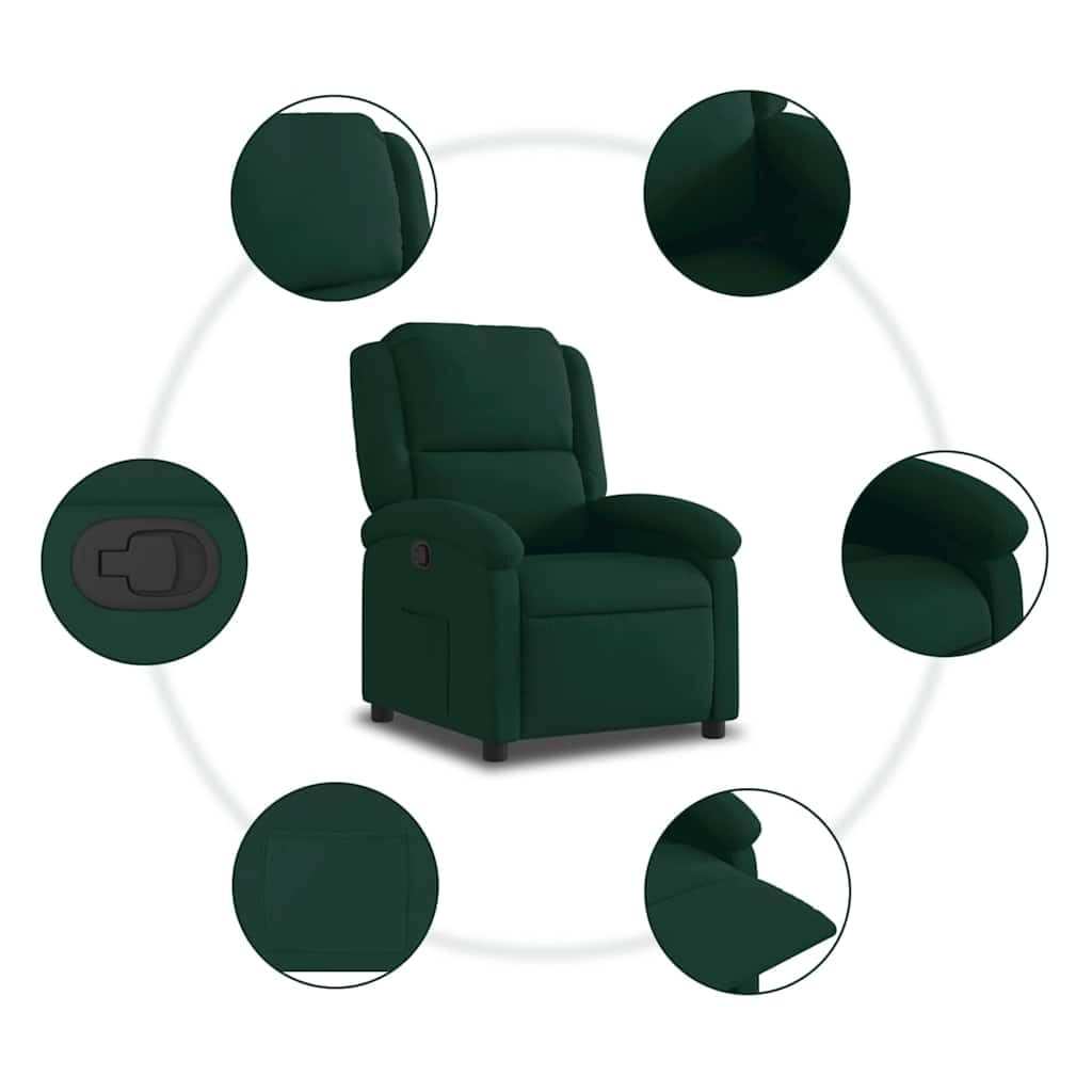 Fotel relaksacyjny, ciemnozielony aksamit z ręczną funkcją leżenia, regulowane oparcie i podnóżek, ergonomiczny fotel tapicerowany z podłokietnikami, rama drewniano-metalowa do salonu i