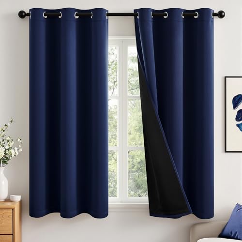 Image of MIULEE Navy Blue 100% Blackout Curtains for Bedroom 40x45 Inch Length | 2 Thick Layers Thermal Insulated Short Curtains with Black Liner, Noise Reducing Grommet, Drapes for Living Room, 2 Panels