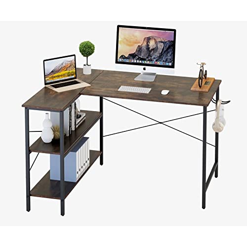 PADMA HOUSE Bureau d'angle avec 2 étagères - Table d'ordinateur en forme de L - Cadre en métal robuste - Économie d'espace - Style industriel - Pour bureau, jeux (marron vintage) Cover