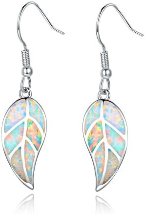 Barzel White Gold Plated Created White Opal Leaf Drop Earrings (Silver White Opal)