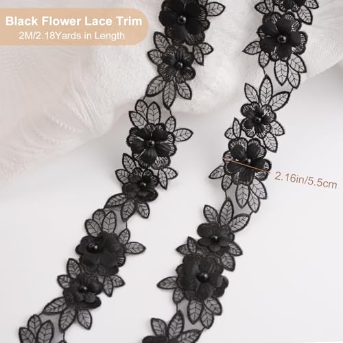 URROMA Black Floral Lace Trim, 2.18 Yards Organza Polyester Lace, 5.5cm Wide, Wedding & Special Occasions - Image 2