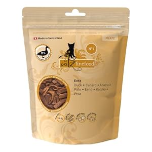catz finefood Meatz Katzen Leckerlies Ente N° 7 – knusprig gegrillte Streifen aus Entenfleisch – mit Aloe Vera für die Darmflora – Katzensnack ohne Zucker, getreidefrei, 45g