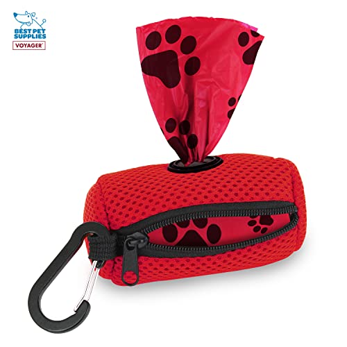 Image of Best Pet Supplies Dog Poop Bag Holder Leash Attachment with Reusable Dispenser for Travel, Walking, Park, and Outdoor Use, Durable with Clip-On - Red, Mesh Dispenser w /15 Bags