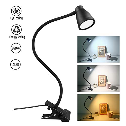 Clip Light USB Reading Light - Semlos 14 LED Desk Light, 3 Color Modes, 5 Dimming Levels, Auto Off Timer & Memory Function, Eye Protection Table Lamp, Flexible 360° Desk Lamp Bed Night Light