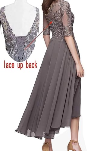 Women's A Line Tea Length Mother of The Bride Dresses with Sleeve Lace Applique Chiffon Formal Evening Gown2