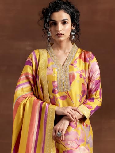 Image of Libas Womens Printed Silk Blend Straight Kurta With Trousers and Dupatta | daily wear suit