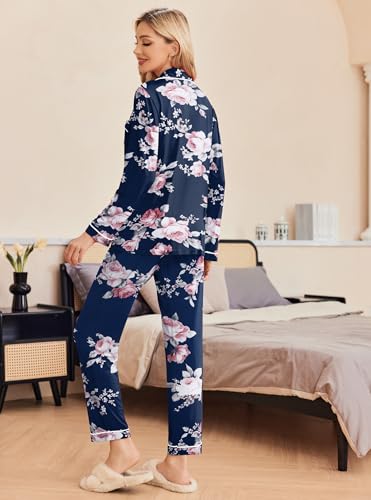 Image of Ekouaer Womens Pajama Sets Long Sleeve Sleepwear Soft Button Down Loungewear Pjs Lounge Set Nightwear,Floral Navy Pink,Medium