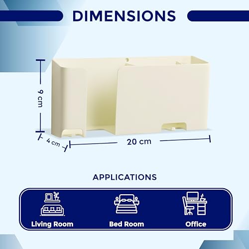 Image of Mobile & Remote Wall Holder | ABS Wall Mount Stand with 3 Compartments for Phone, Remotes & Pens | 2 Key Hooks | No-Drill Mount with Strong Double-Sided Sticker (Milky White)