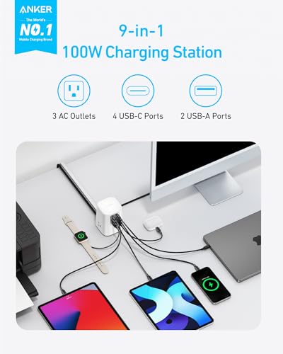Image of Anker Desktop Charger, 9-in-1 Power Strip with 300J Surge Protector, 5ft Flat Plug Extension Cord with Multiple Devices, 100W USB C Charger with 3 AC, 2 USB A, 4 USB C, Home Office, Desk Accessories