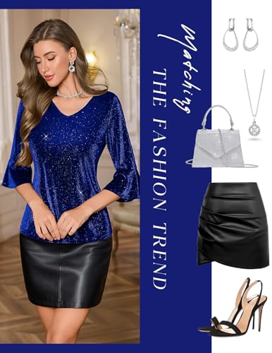 HomRain Sparkly Tops for Women Dressy Casual V Neck Sheer Glitter Blouses 3/4 Bell Sleeve Loose Fit Summer Top Navy S — view 6