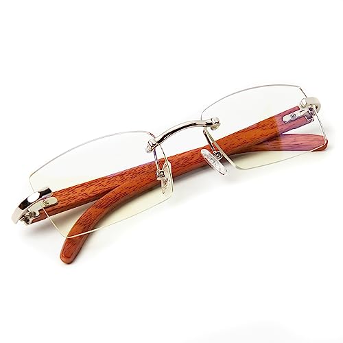 Street Knitted Men's Women's Rimless Vintage Small Woodgrain Rectangular 90's Retro Silver Metal Frame Hip Hop Clear Lens Glasses Trendy Square Buffs Eye Glasses