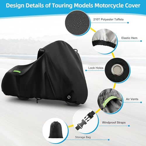 Image of Motorcycle Cover Waterproof for Touring Models Road King /Road Glide /Street Glide /Electra Glide, Heavy Duty Sun UV Rain Snow Outdoor Protection Motorbike Cover with Soft Cotton Lining & Lock Hole