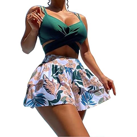 YIMISAN Women's 3 Piece Criss Cross V Neck Tie Back Cheeky Bikini Swimsuit with Floral Beach Skirt, Green, Large Cover