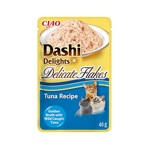 INABA Dashi Delights Delicate Flakes, Copos en Caldo para Gatos de Atún, Comida Húmeda Rica en Proteínas, Ingredientes Naturales, Snack Húmedo para Gatos, Sopa para Gatos, 1 sobre x 40 g