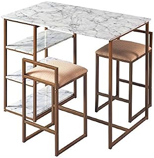 Teamson Home Breakfast Dining Set, Bar Table & 2 Padded Stool Chairs & Storage, Metal, Brass Finish/Faux Marble Shelf, 106.68x59.69x91.44