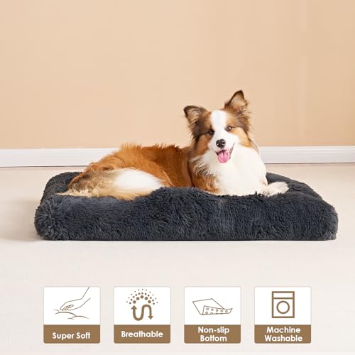 EHEYCIGA Flauschig Hundebett Mittelgroße Hunde, 90x60cm, Hundekissen Grosse Hunde Waschbar, Kuschelig rutschfest Hundematte mit Langem Plüsch, Dunkel Grau
