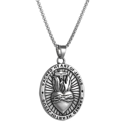 NIGHTCRUZ Sacred Heart of Jesus Necklace, Oval Religious Medal Medallion Stainless Steel with Sacred Heart and Cross