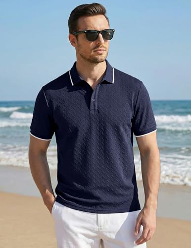 Image of JMIERR Mens Casual Polo Shirt Short Sleeve Vacation Button Summer Beach Knit Stretchy Golf Shirts