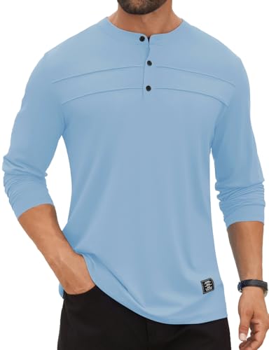 Hardaddy Men's Henley Button Up Shirts Long Sleeve Pleated Front Letter Print Casual Tee