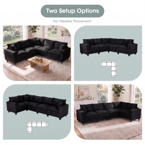 Image of 97 inch V Shaped Sectional Couch, Comfy Chenille Upholstered Modular Cloud Sofa, Convertible L Shaped Corner Couch with Storage Armrests & 2 Pillows, 5 Seat Sectional Couches for Living Room, Black