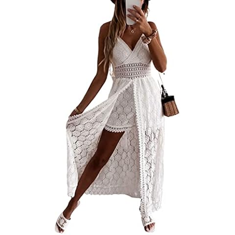 Unilexi Women’s Summer Spaghetti Strap Backless Jumpsuit Floral Lace Cover Up Rompers V-Neck White Beach Dress(0171-White-L) Cover