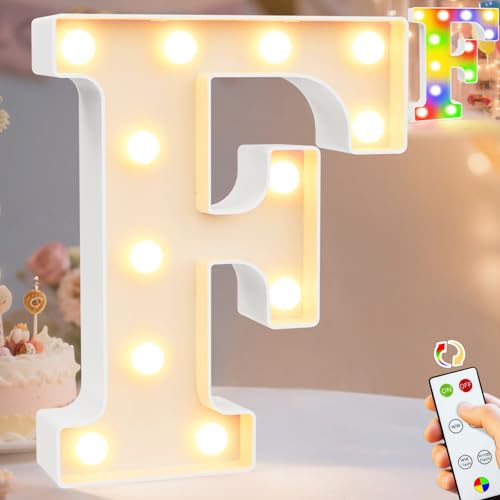 Image of Pooqla LED Light Up Letters, Warm White and Colorful Lighted Marquee Letters with Remote, Lighted Letter for Party Birthday Decorations, Gift for Girls Boys Night Light, Wedding Home Decor, Letter F