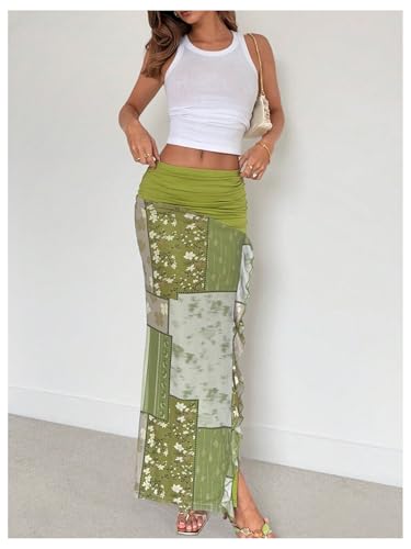 Milumia Women's Floral Patchwork Long Skirt Asymmetrical High Slit Ruffle Hem Bodycon Skirts4