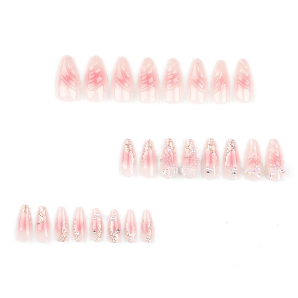 JUSTOTRY 24 Pcs Butterfly Almond False Nails Short,Press on Nails with 3D Sculpting Metallic Pattern,Glossy Pink Fake Nails Medium for Nail Art,French Oval Pearls Stick on Nail for Women Gifts - Image 2