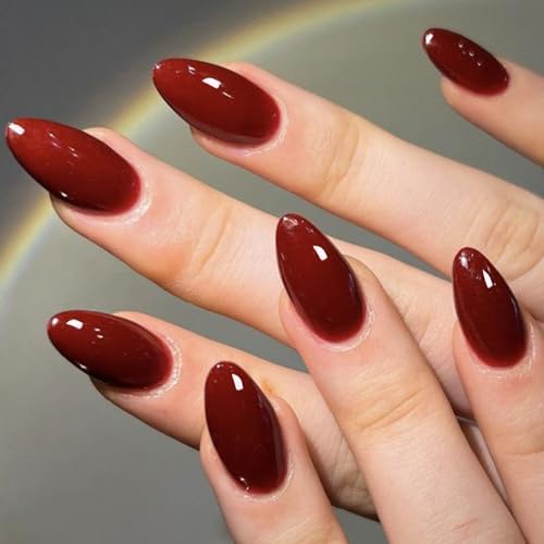 GLAMERMAID Red Press on Nails Medium Almond, Burgundy Fake Nails Stiletto