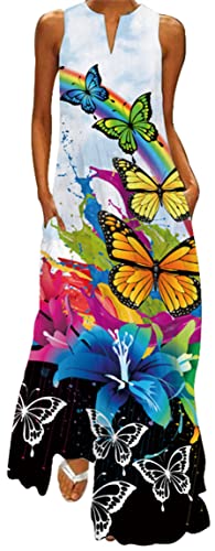 Ocean Plus Ärmellose Vintage Bedruckte Maxikleider mit V-Ausschnitt für Damen im Sommer Langes Kleid