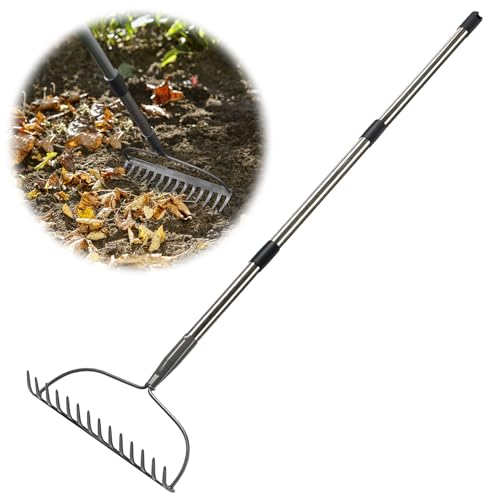 Rastrillo para hojas con mango largo de 5 ft y 14 púas metálicas miniatura 1
