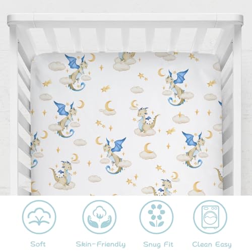 Image of Cartoon Fairy Tale Dragon Moon Stars Clouds Baby Crib Sheets 52''x28'' Watercolor Dragons Stretchy Fitted Crib Mattress Cover for Boy Girl Soft Bed Sheet for Standard Crib and Toddler Mattress