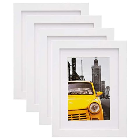 Egofine 8x6 Photo Frames White Set of 4 - Made of Solid Wood for Table Top and Wall Mounting with 4x6 Mat Cover