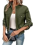 EVALESS Womens Zip Up Green Utility Jacket Roll Up Sleeve Fashion Tops Mock Neck Adjustable Hem Light Weight Fall Coat X-Large