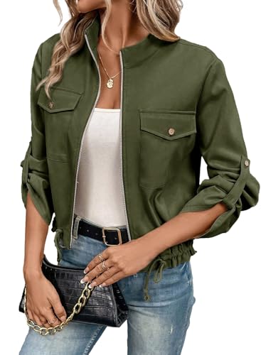 EVALESS Womens Zip Up Green Utility Jacket Roll Up...