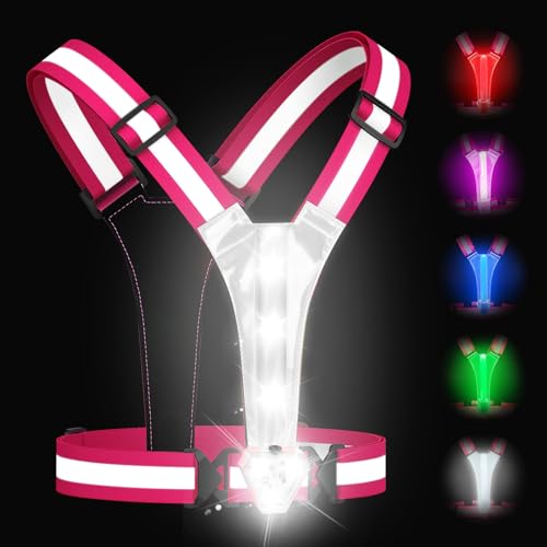 Zacro Reflective Vest for Running with Light Pink, 5 RGB Colors High Visibility Rechargeable Light Up Running Vest IPX4 Night Safety Running Gear for Dog Walking, Cycling, Adjustable for Men Women