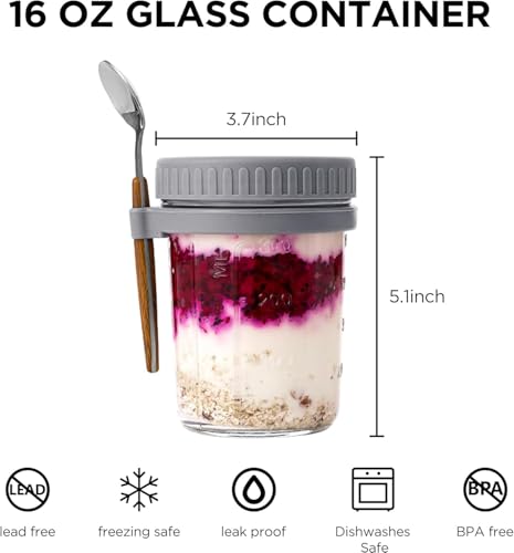Image of PATZY 350 ml Oats Container With Lids And Spoon set of pc Glass Mason Jars For Overnight Oats Leak Proof Container with Measurment For Cereal Fruit Vegetable Milk Salad Yogurt (Multicolor) (6)