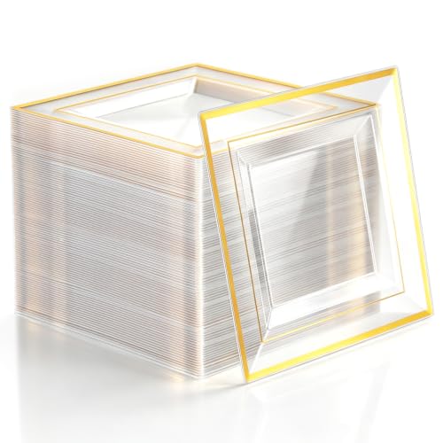N9R 70PCS Clear Square Plastic Plates, 6.5 Inch Dessert Plates Gold Rim