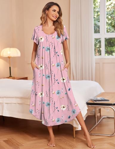Image of Ekouaer Long Nightgowns for Women with Pockets Short Sleeves Moo Moos for Women Casual Maxi Dress House Dresses S-XXXL