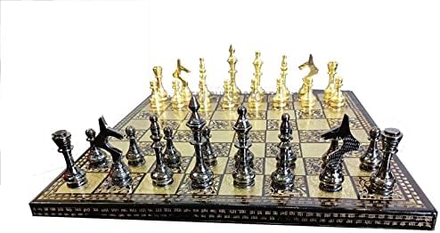 TAJ CHESS STORE Juego de piezas y tablero de ajedrez de metal hecho a mano de 14 pulgadas con caja de almacenamiento de terciopelo, juego de ajedrez